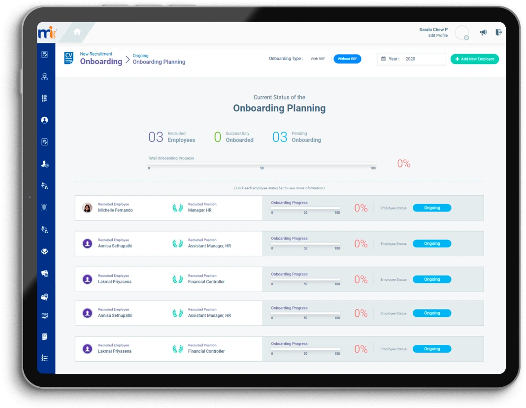 Employee onboarding planning interface