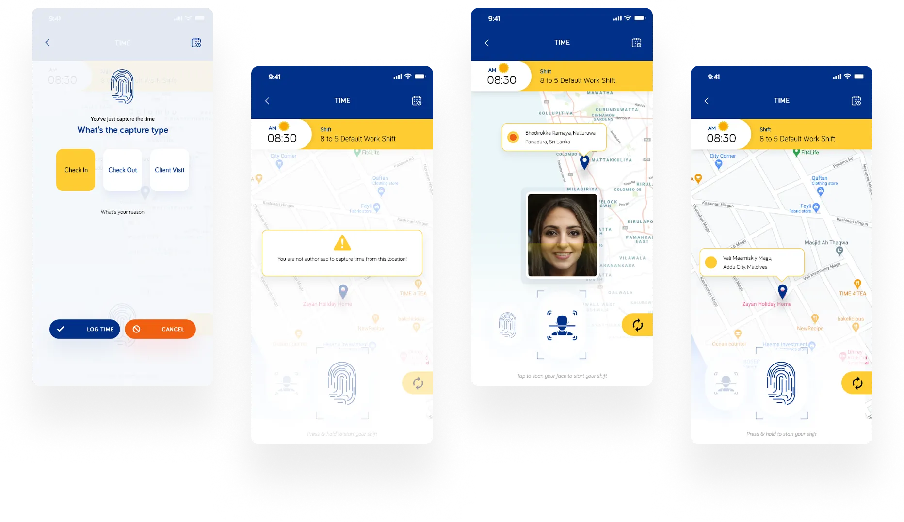 Mobile app screens showing attendance capture and maps