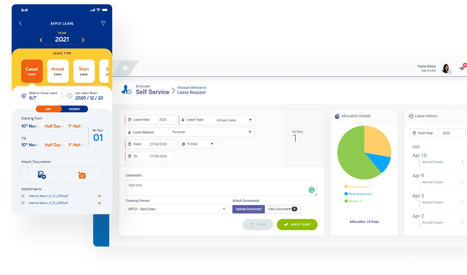 Leave management dashboard with charts