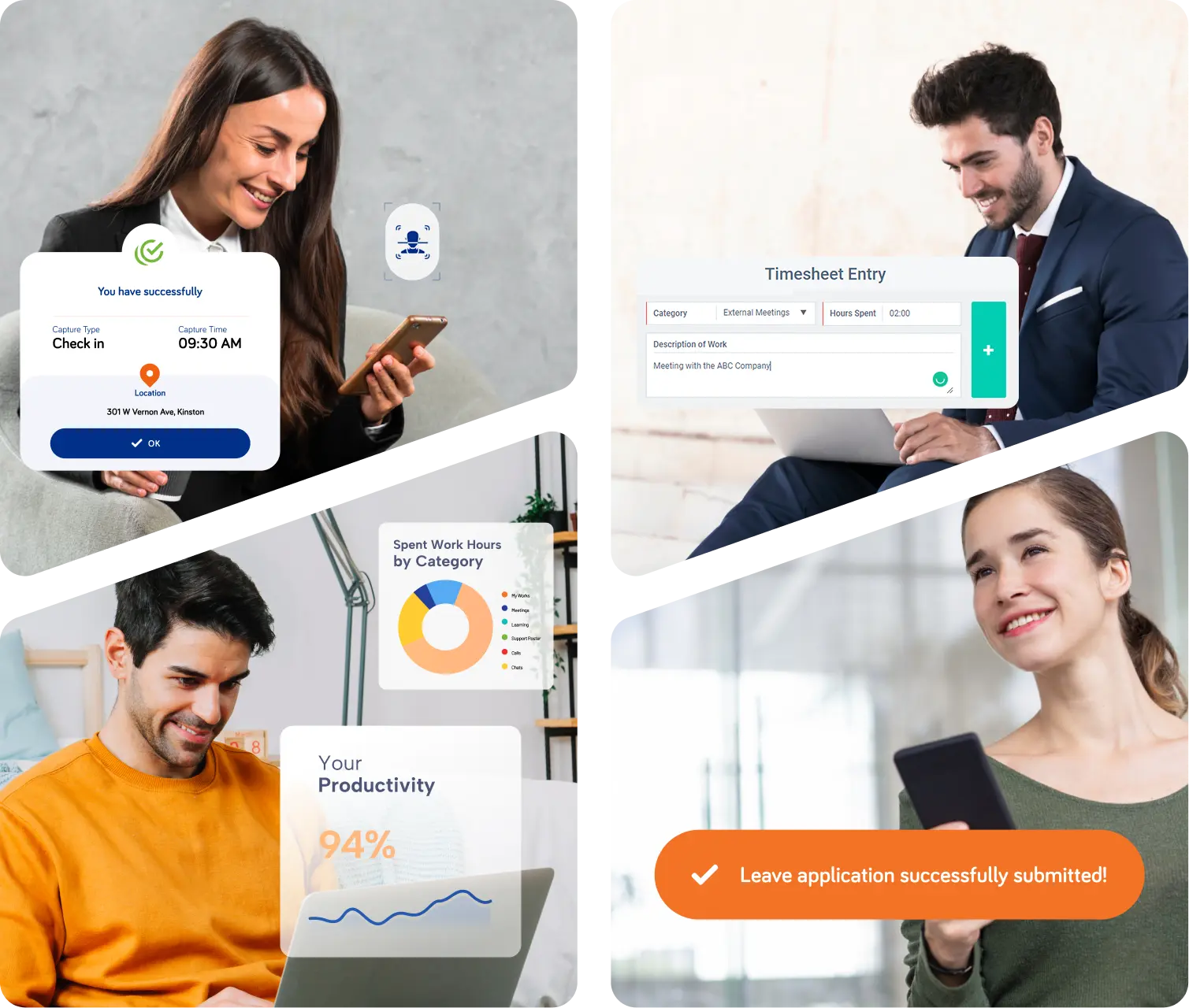 Collage of employees checking in, submitting timesheets, and reviewing productivity dashboards on their devices