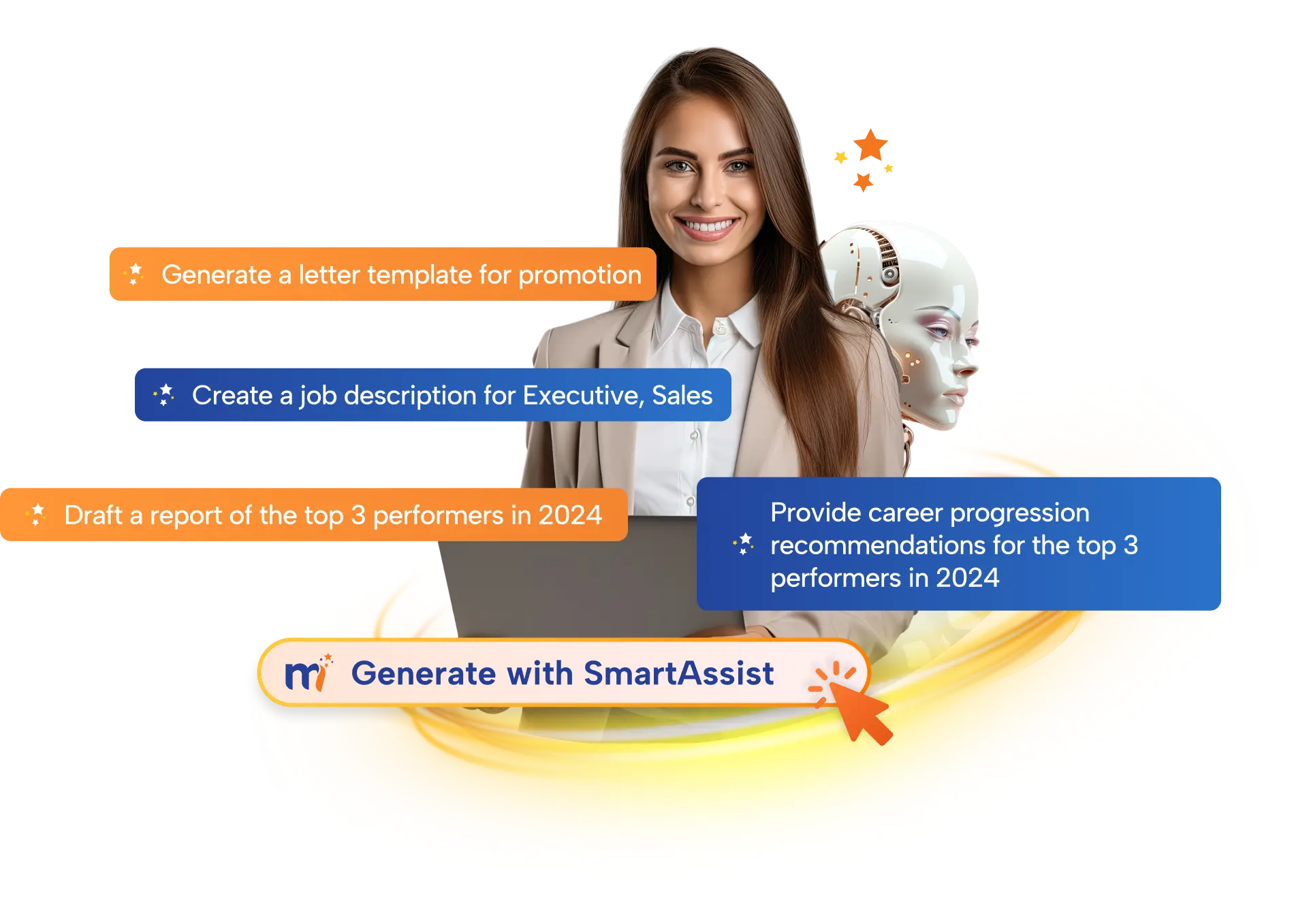 Professional standing with SmartAssist interface and AI assistant