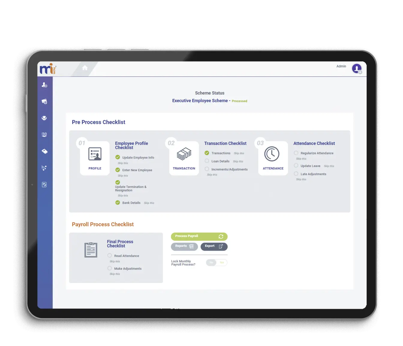 Payroll management interface on tablet